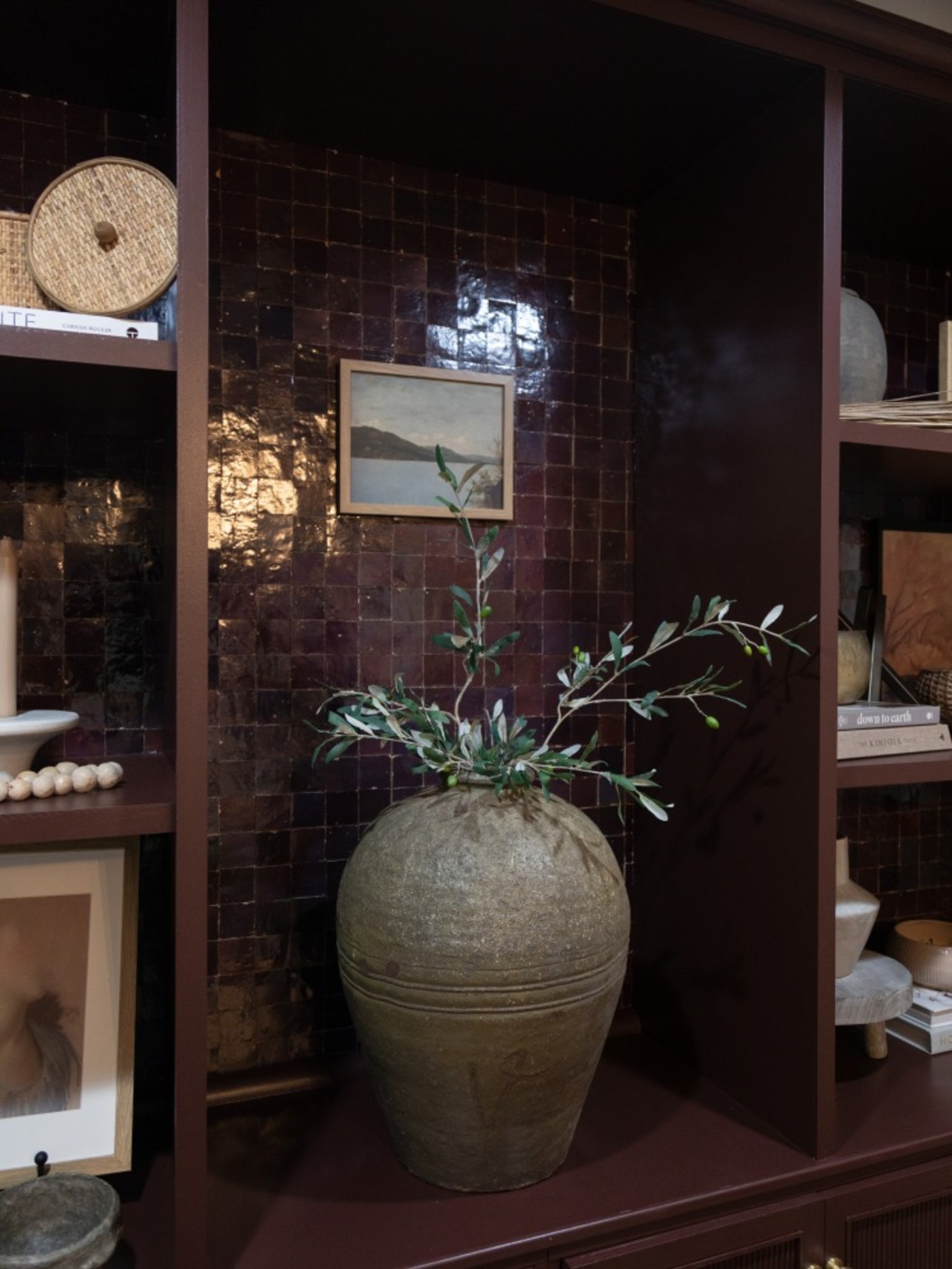 a potted plant sits on a shelf in a room.