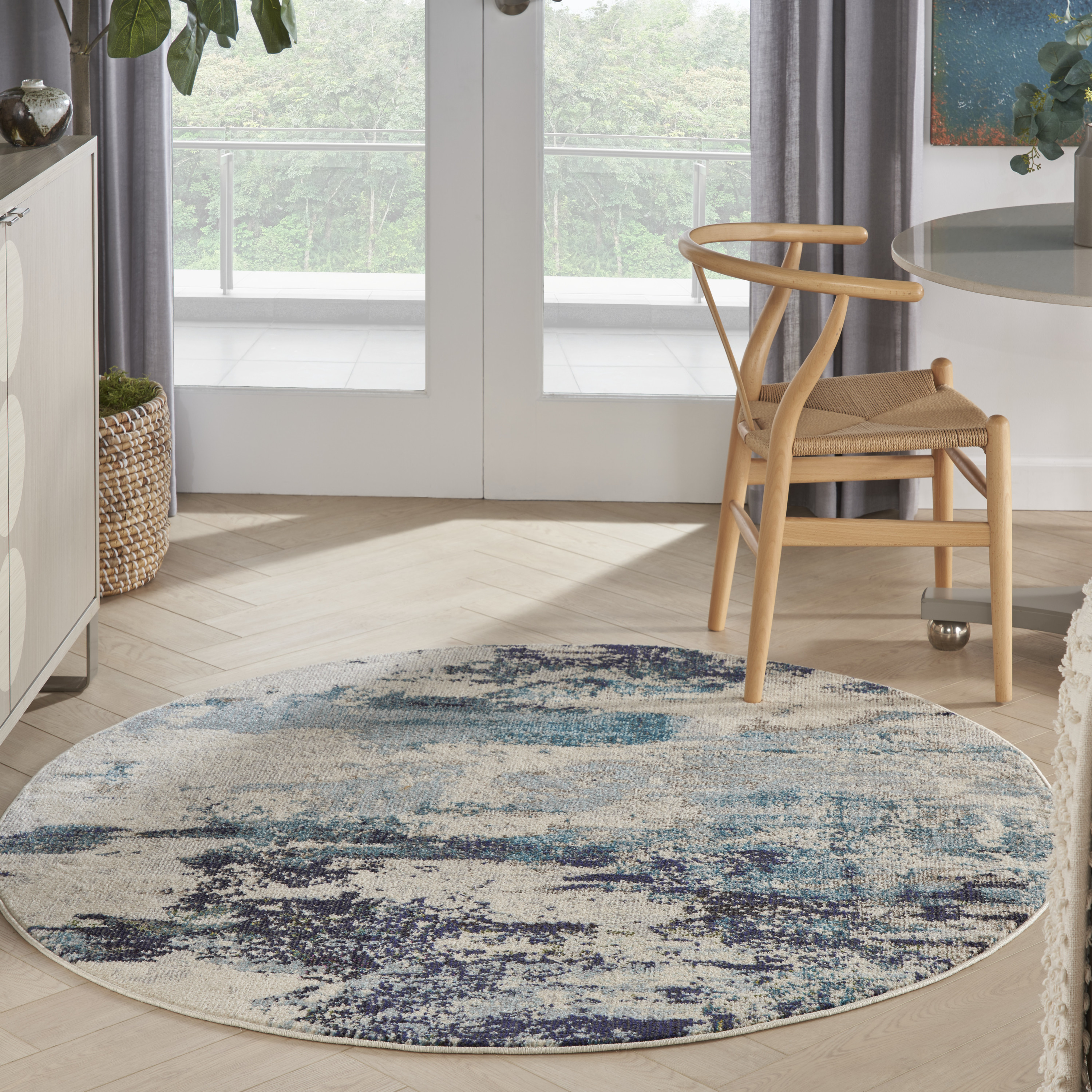 Nourison Celestial 5'3" x Round Ivory Teal Blue Modern Indoor Rug
