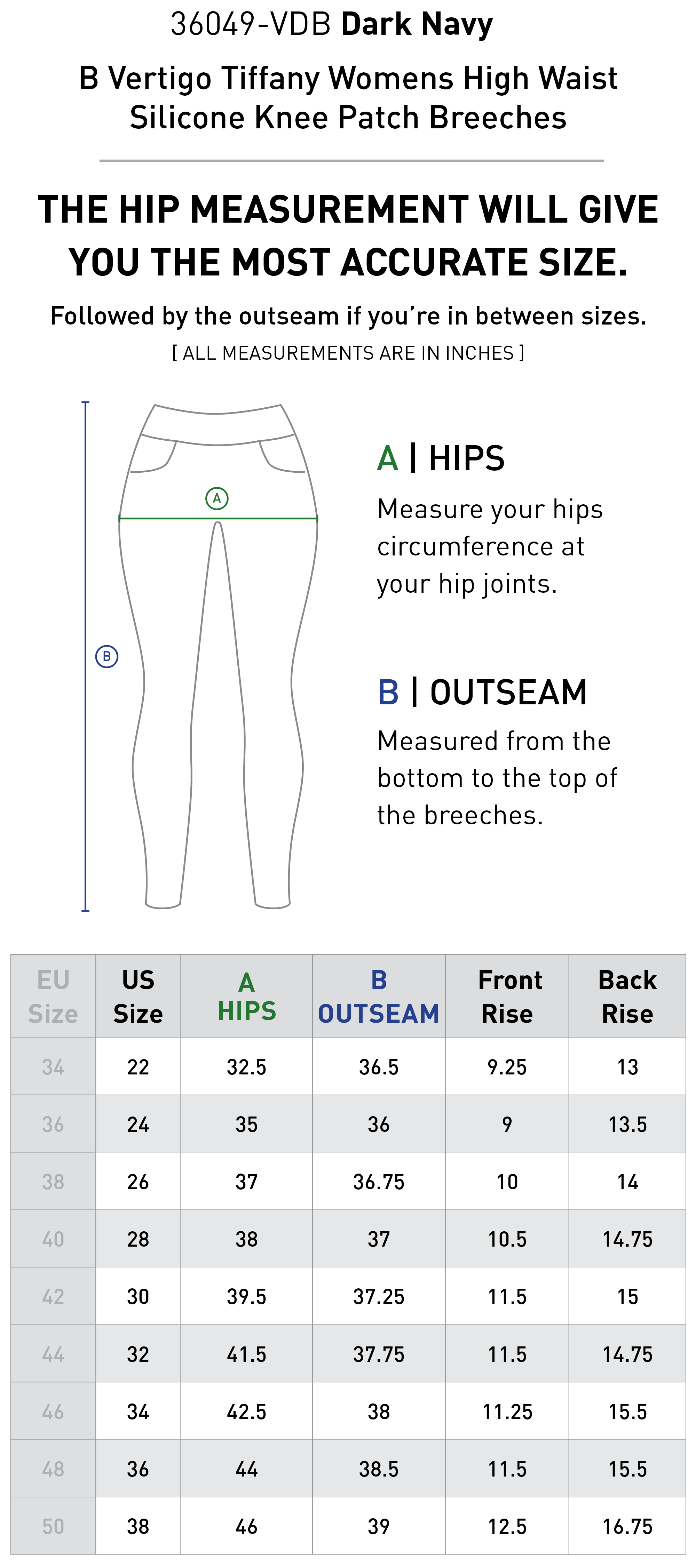 Size chart for B Vertigo Tiffany Womens High Waist Silicone Knee Patch Breeches - Dark Navy