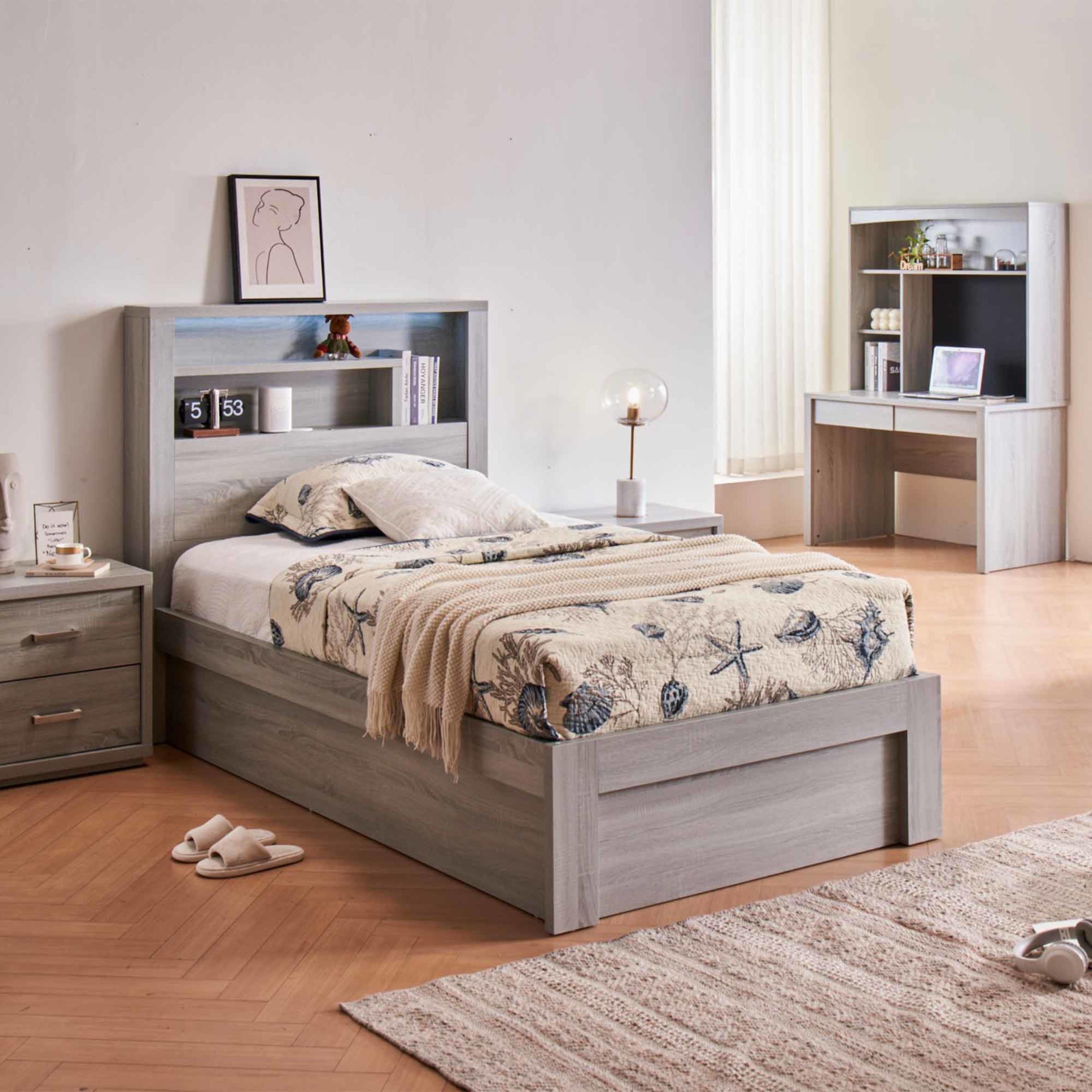 Lifestyle image of the Bellevue Bed Frame, Side Gas Lift Base, Cement Grey from Forty Winks