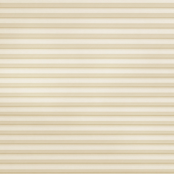 Beige pleated cellular blind, stretched across the frame; fully lowered and closed, softly diffusing light in a neutral, softly lit interior with no visible view.