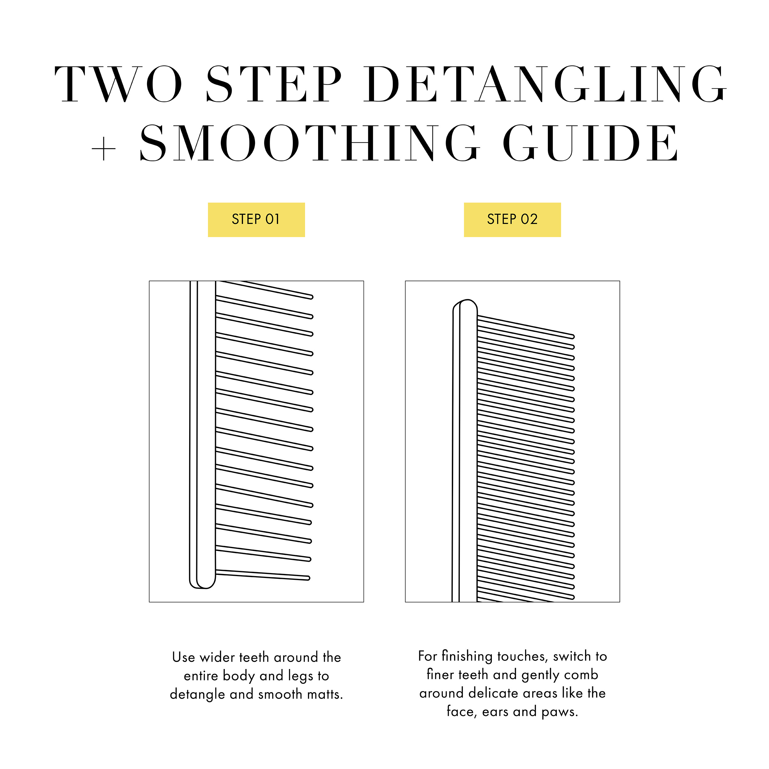 Two Step Detangling and Smoothing Guide: Step 1: User wider teeth around the entire body and legs to detangle and smooth matts. Step 2: For finishing touches, switch to finer teeth and gently comb around delicate areas like the face, ears and paws.