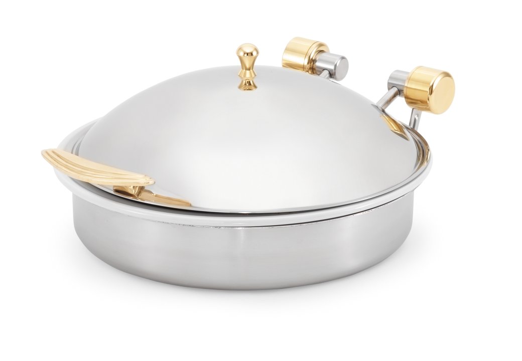 6-quart Intrigue® round stainless steel induction chafer with brass trim and porcelain food pan