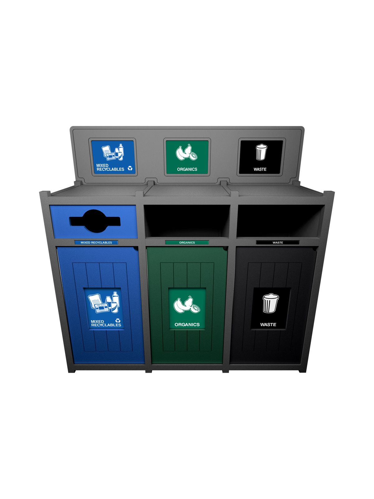 VISION – Triple – Unit – Mixed Recyclables-Organics-Waste – Mixed-Full-Full – Grey-Blue-Green-Black