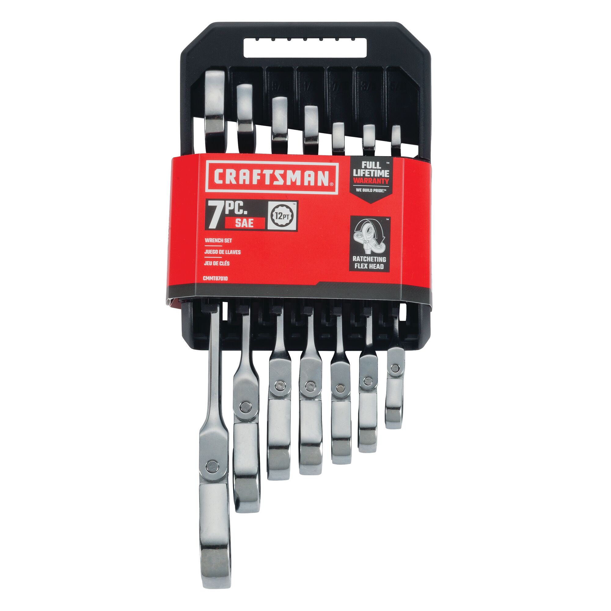 7 piece S A E flex head ratchet wrench set in packaging.