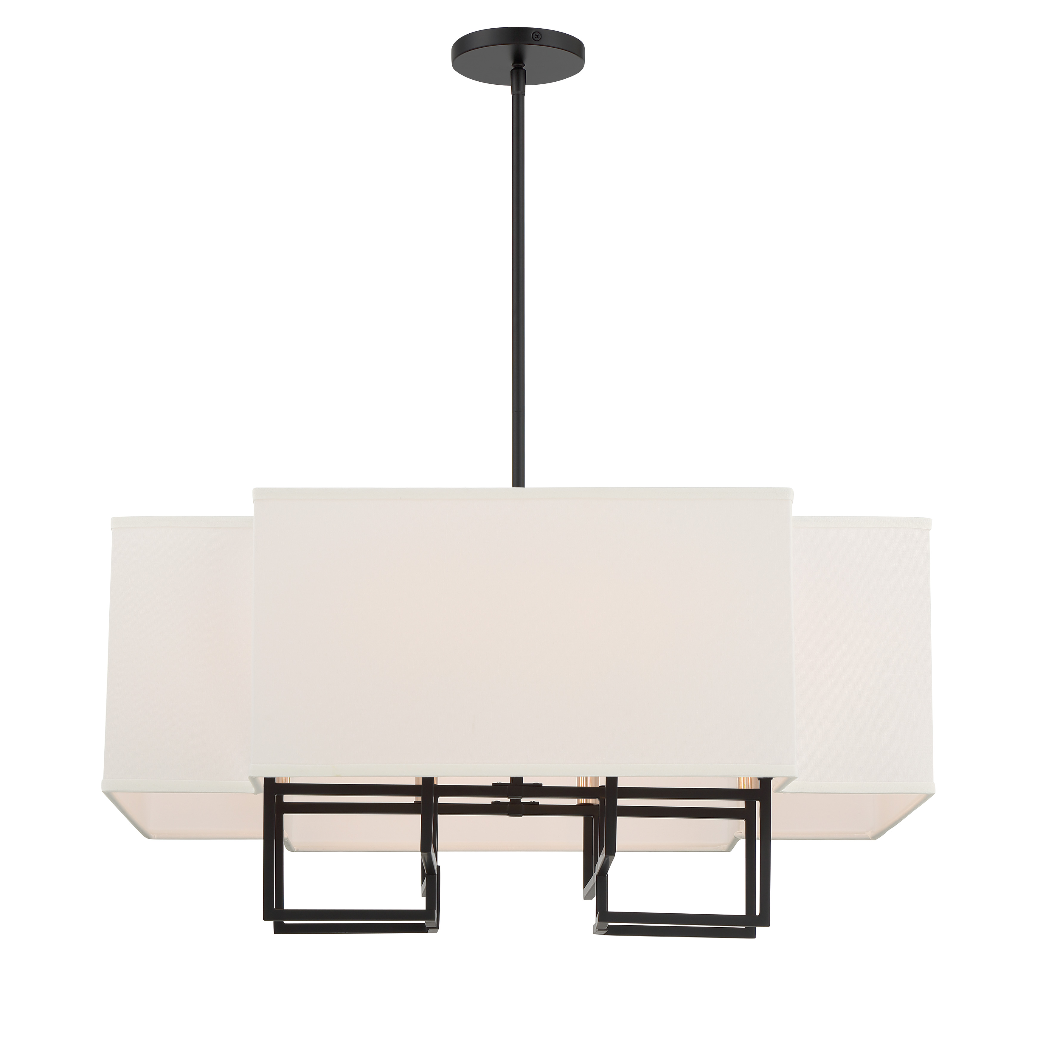 The Upham Estates pendant combines polished nickel and coal finishes with white fabric shades for a striking transitional look. Its 28-inch width and 8-light configuration provide substantial illumination perfect for dining rooms and entryways. - alternate view