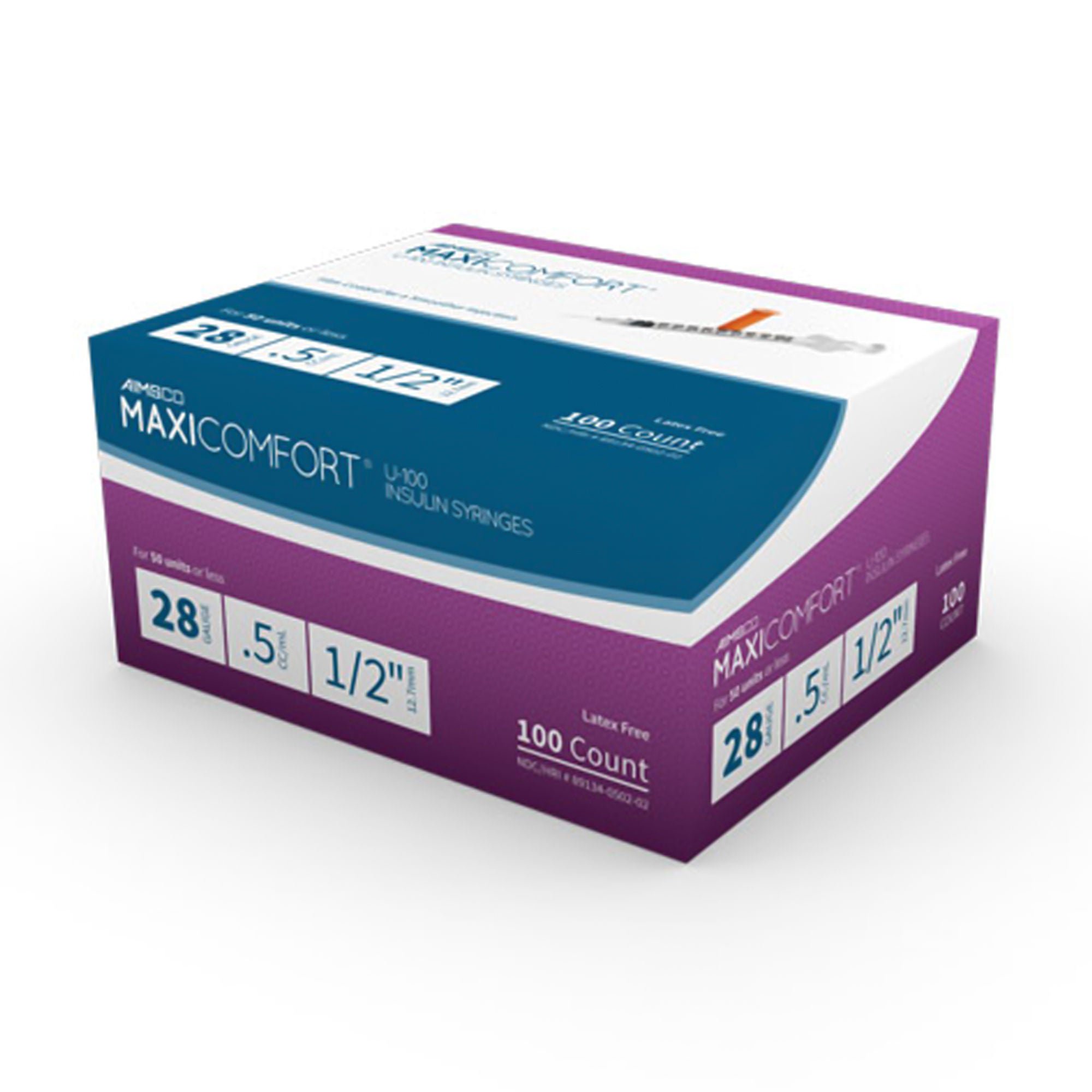 MaxiComfort® II Standard Insulin 0.5 mL Syringe w/ Needle, 28 Gauge, 1/2 Inch