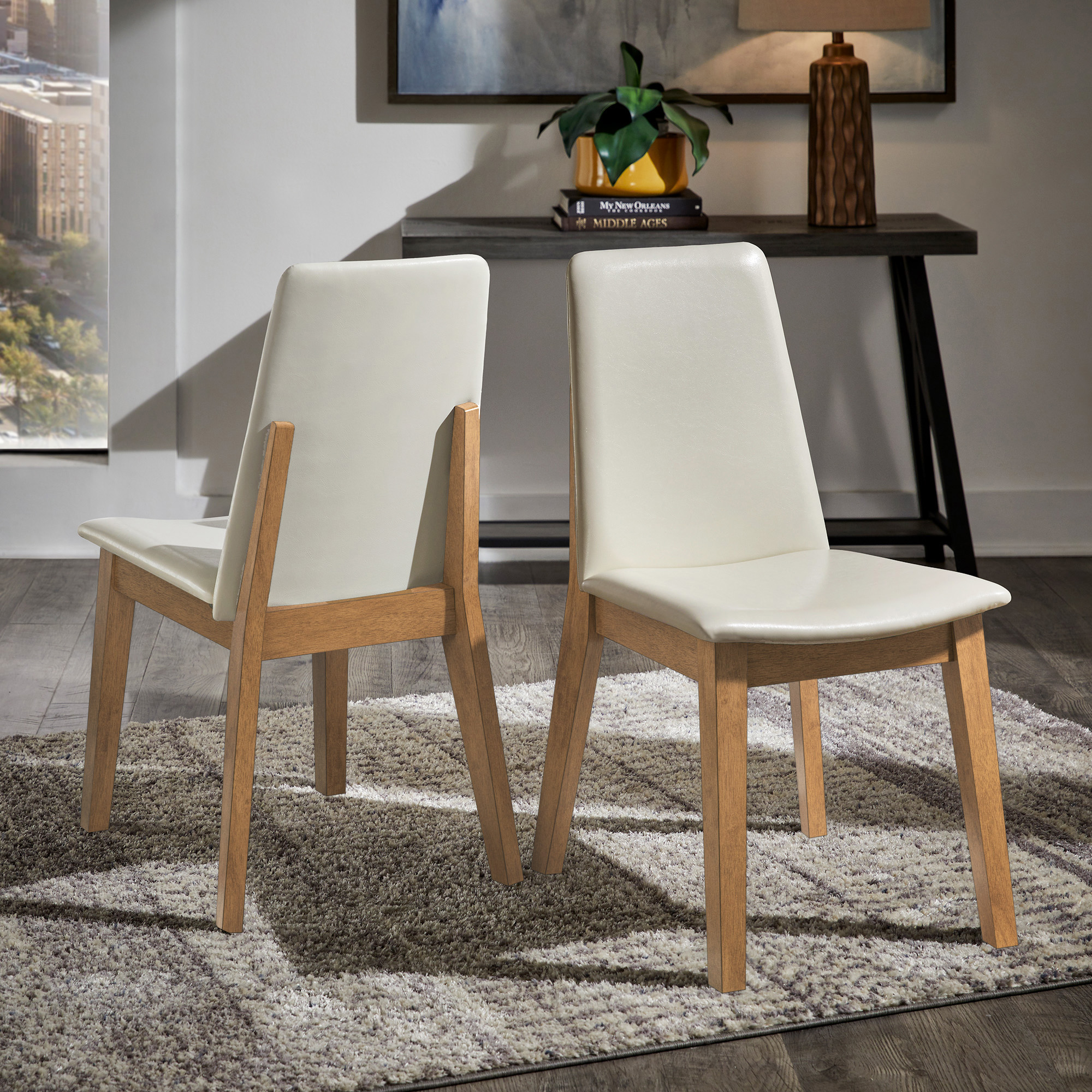 Wood Finish White Vegan Leather Dining Chair (Set of 2)