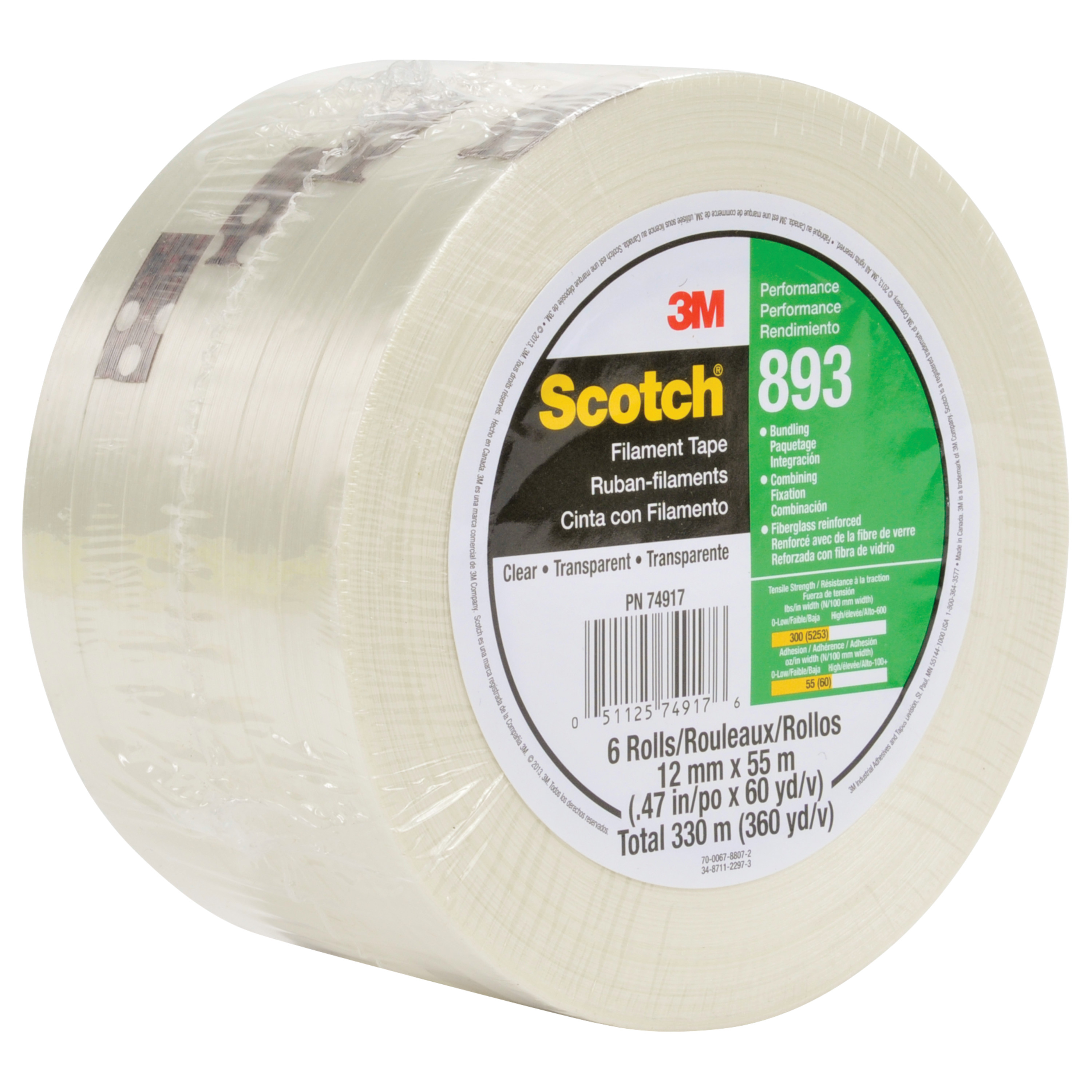 Scotch® Filament Tape 893, Clear, 48 mm x 55 m, 6 mil, 24 rolls per case
