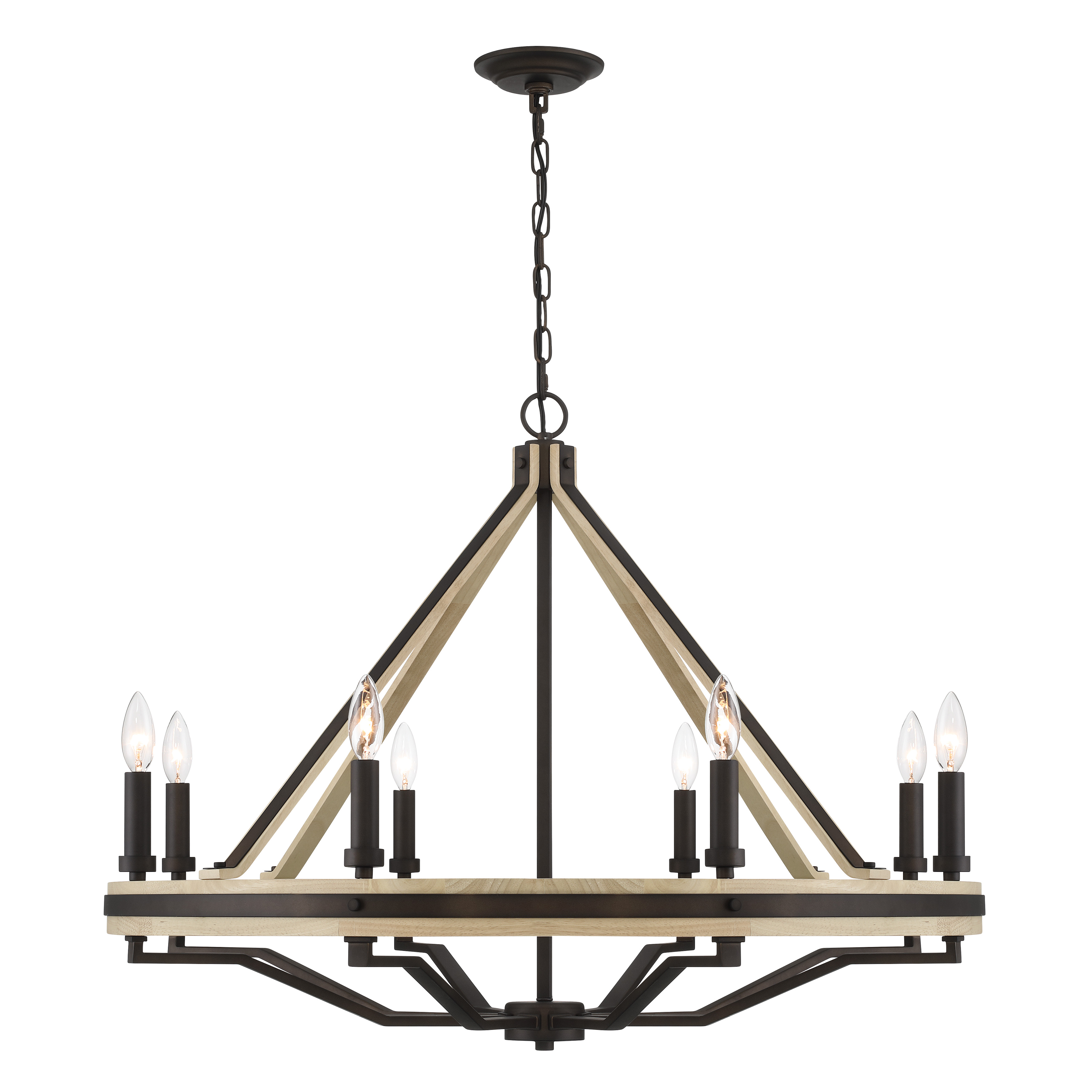 The Sonoma chandelier combines dark bronze metalwork with natural solid oak wood accents, creating a warm, inviting focal point. At 34 inches wide with 8 candelabra lights, it delivers substantial presence and ample illumination. - alternate view