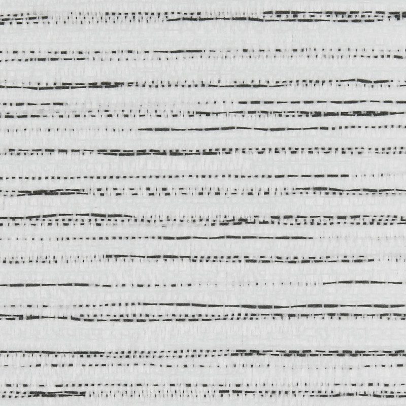 Woven white textile with irregular horizontal black dashed lines; lying flat and displaying a repeating linear pattern; close-up view in neutral, soft lighting with no surroundings visible.