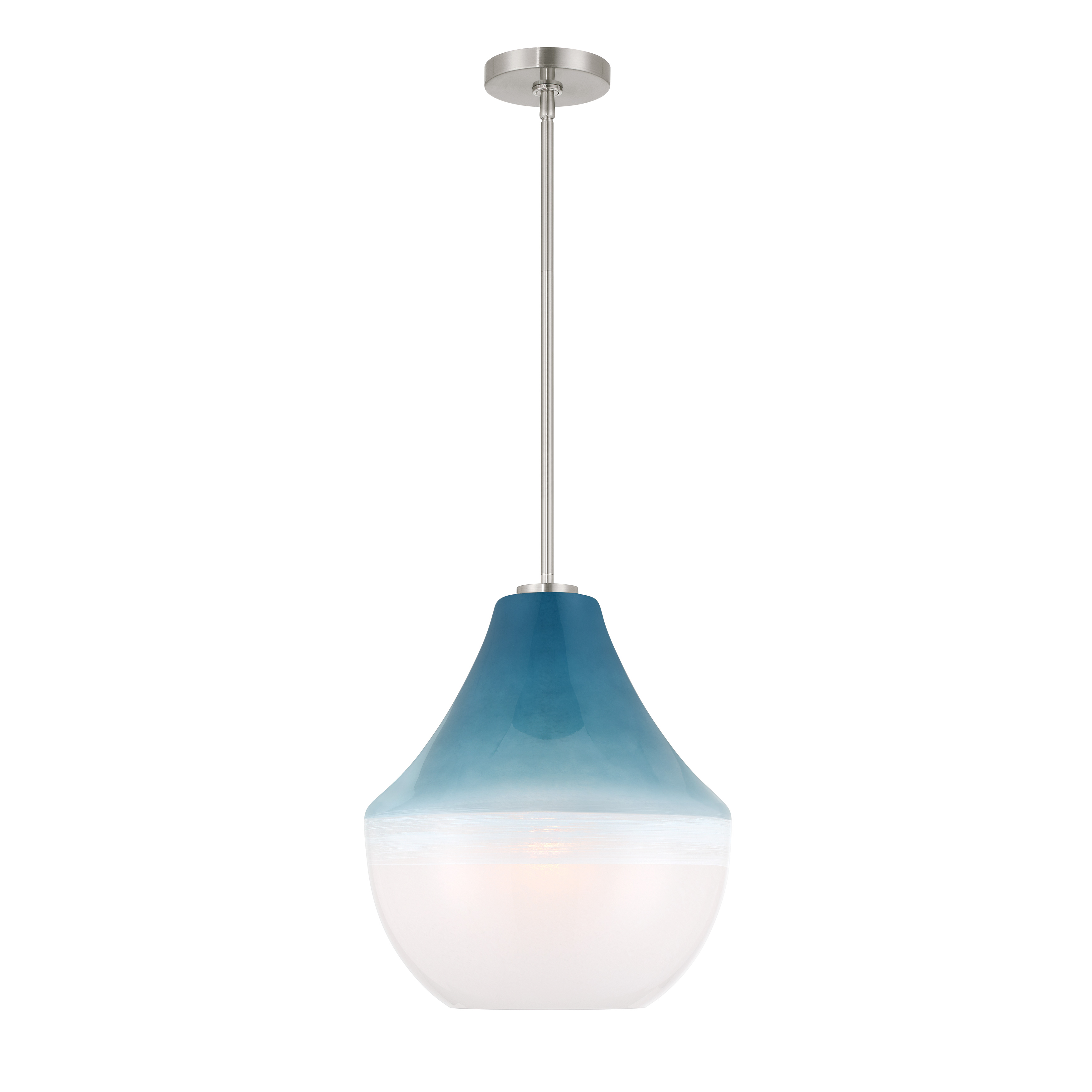 The Pacific pendant brings ocean-inspired elegance with its distinctive blue ombre glass shade and brushed nickel finish. At 14" wide, it's perfectly sized for kitchen islands, dining nooks, or bathroom vanities. - alternate view