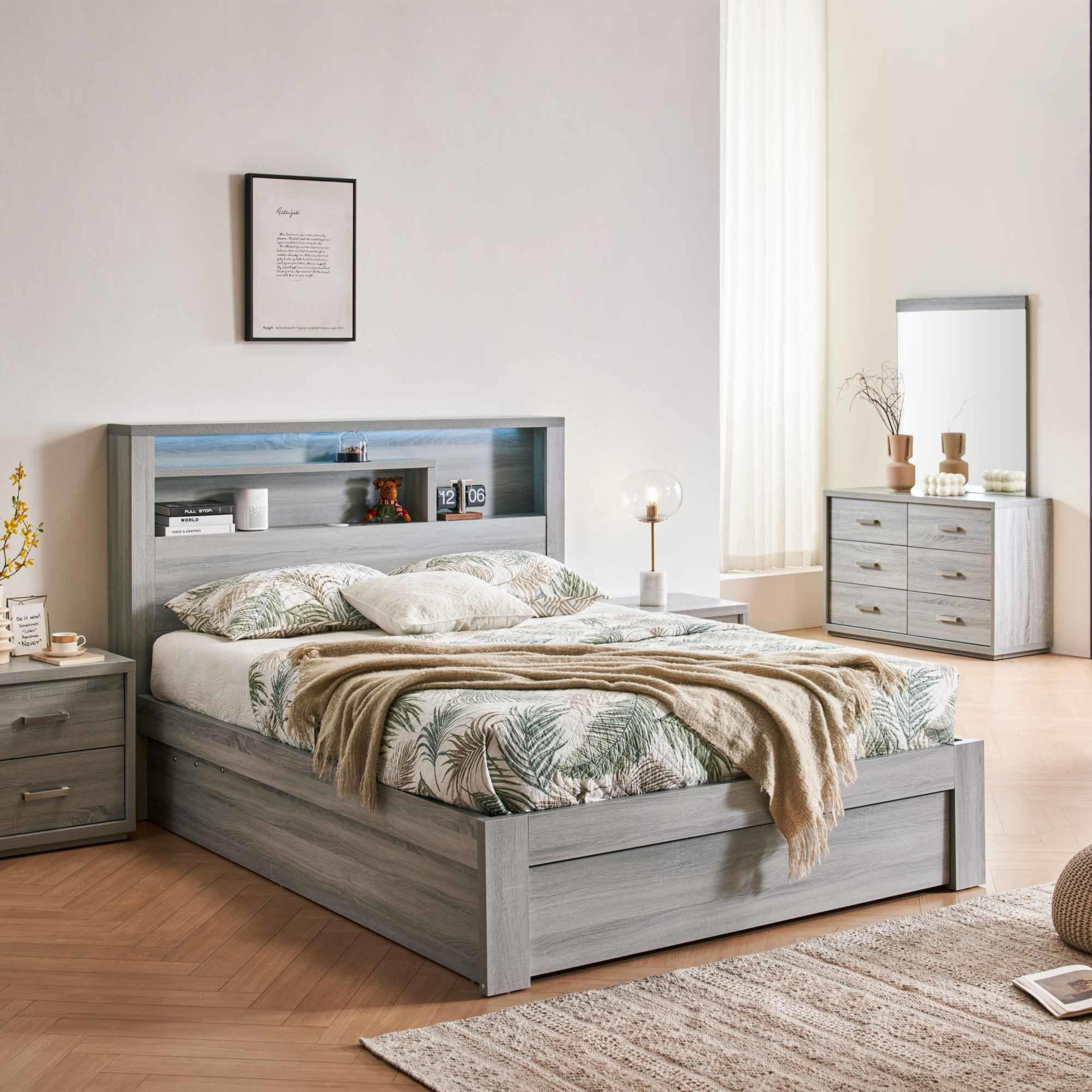 Lifestyle image of the  Bellevue Bed Frame, Front Slat Gas Lift & End Drawer Base, Cement Grey from Forty Winks