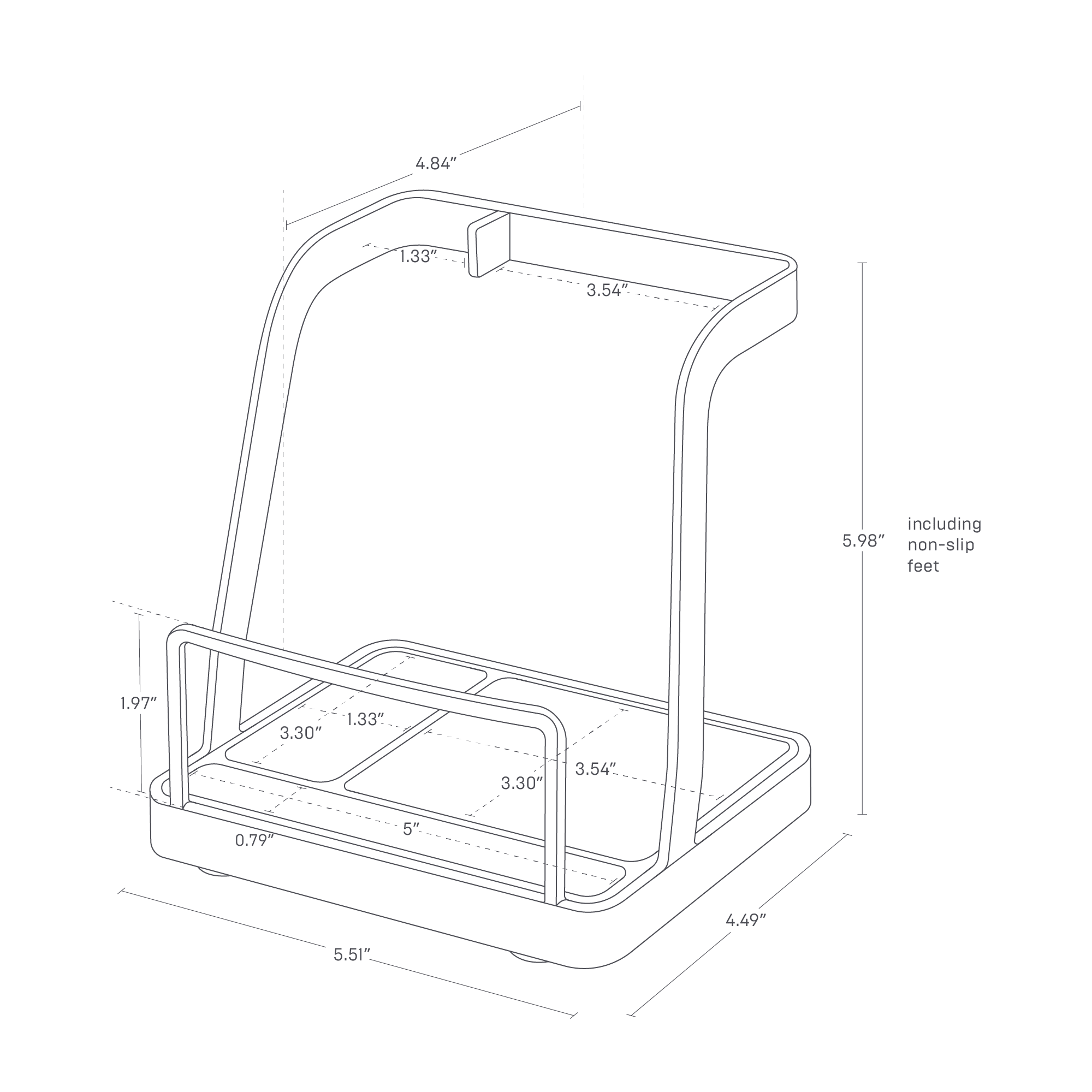 The image shows a large lid and ladle stand with dimensions: height is 5.98" including non-slip feet, base is 5.51" wide and 4.49" deep. Front bar height is 1.97", tray height is 0.79", and tray size is 5" × 3.54". Inner tray slots measure 3.30" × 1.33". Top width is 4.84".