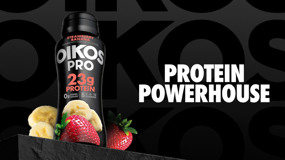 thumbnail video image 2 of Oikos Pro 23g Protein, Strawberry Banana Cultured Dairy Drink Bottle, 7 fl oz, 2 of 16