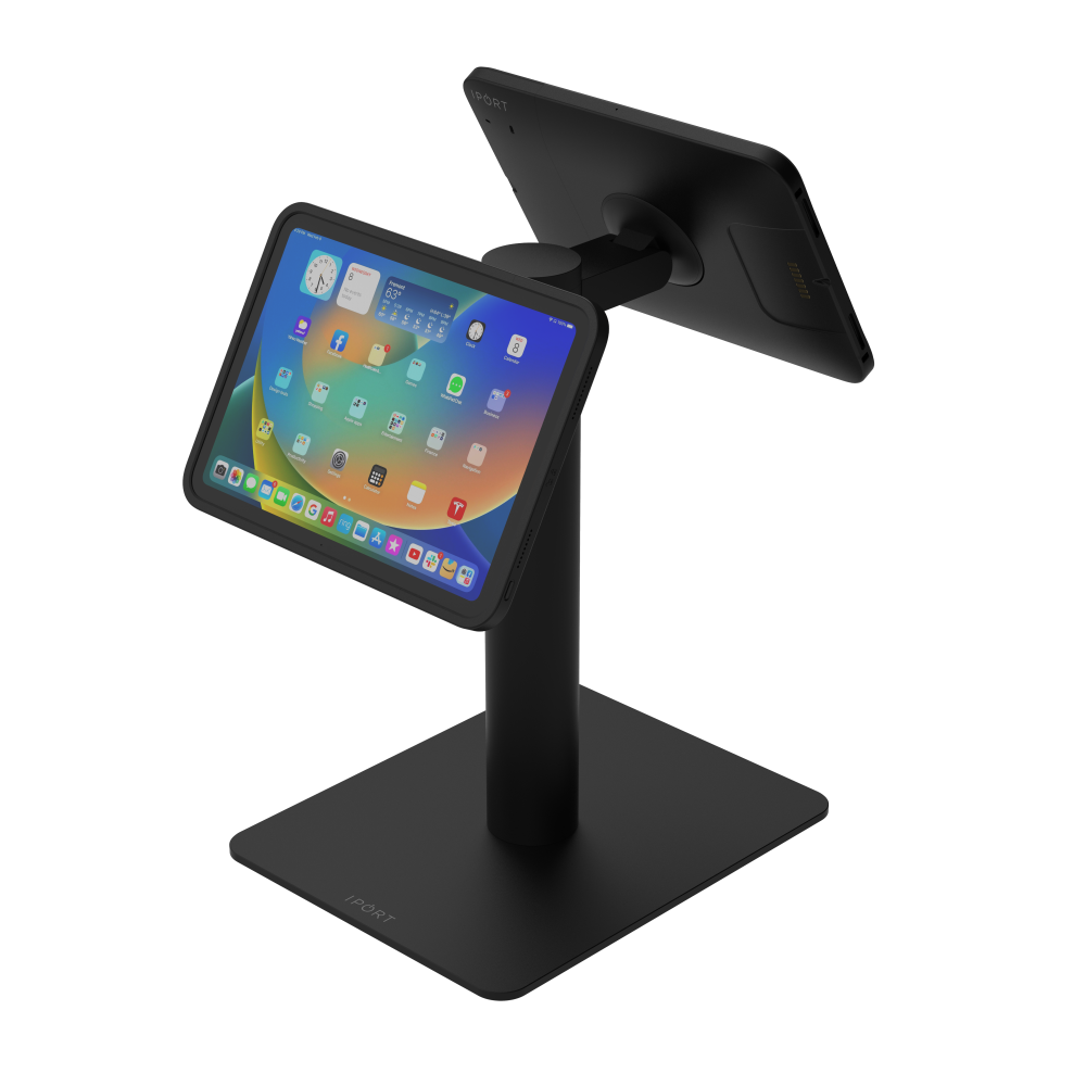 CONNECT MOUNT Pillar Dual iPads on a Baseplate in black fifteen inches high with a CONNECT MOUNT head and Hirose H10 Connection.