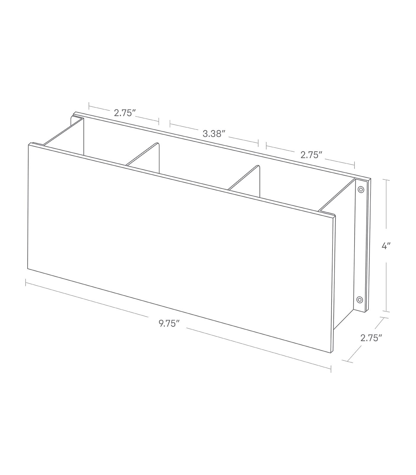 Dimension image for Desk Organizer - Small showing a total length of 9.75 inches, width of 2.75 inches and height of 4 inches. Inner compartment spacing of 2.75 inches and 3.38 inches.