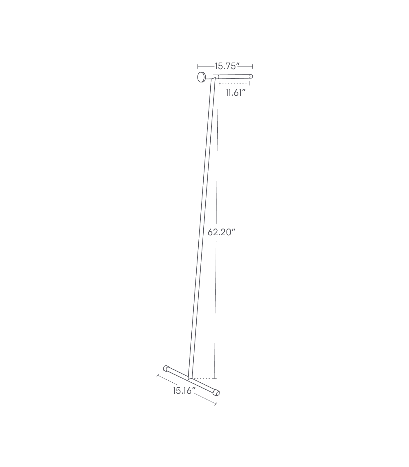 Dimenision image for Leaning Clothes Hangeron a white background showing total width of 15.16 inches, length of 15.75 inches, height of 62.20 inches.The length from the wall toward the poll shows 11.61 inches.