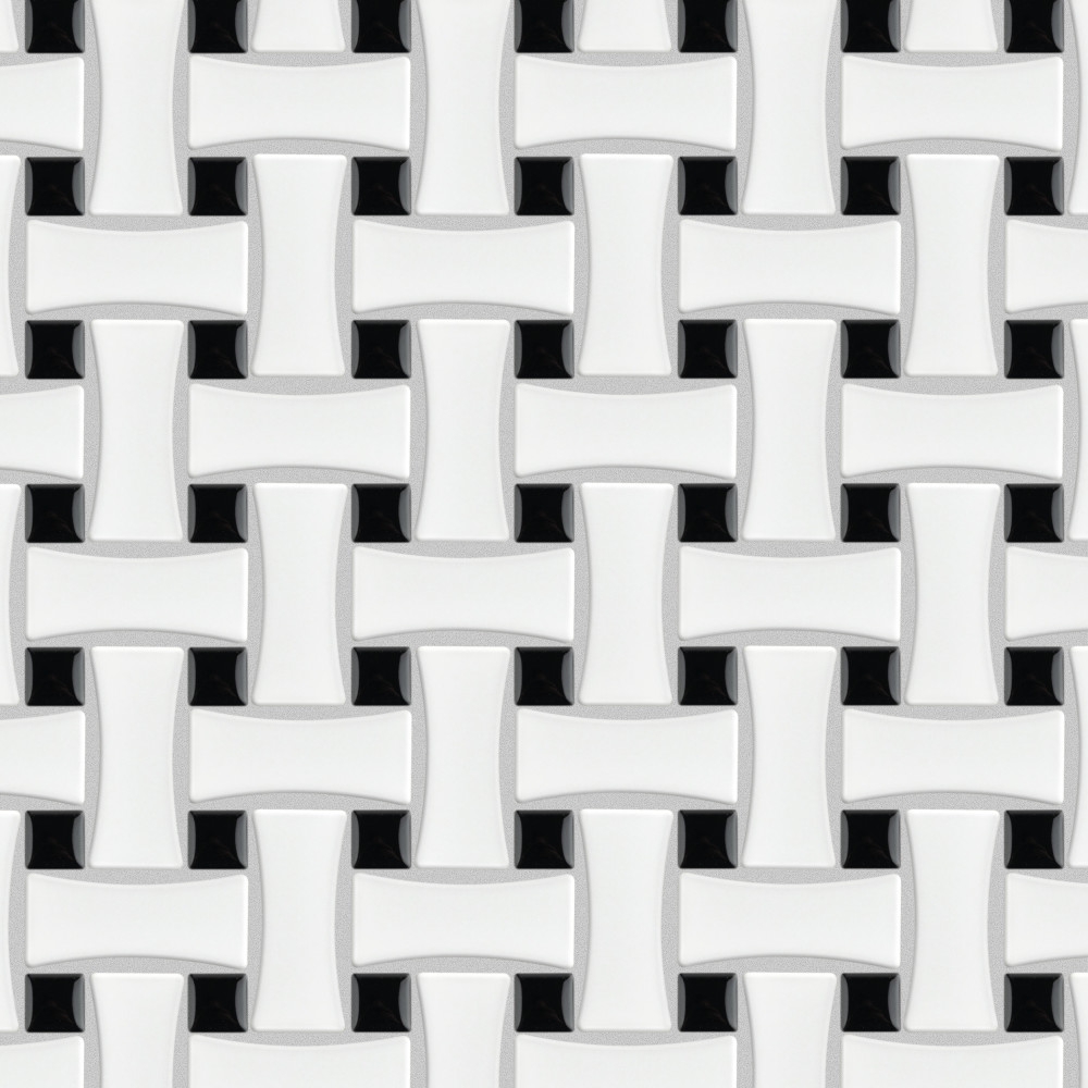Sample – Metro Dog Bone Basketweave Matte White w/Glossy Black Dot Porcelain Mosaic Tile