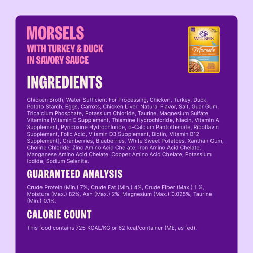 Chicken Broth, Water Sufficient For Processing, Chicken, Turkey, Duck, Potato Starch, Eggs, Carrots, Chicken Liver, Natural Flavor, Salt, Guar Gum, Tricalcium Phosphate, Potassium Chloride, Taurine, Magnesium Sulfate, Vitamins [Vitamin E Supplement, Thiamine Hydrochloride, Niacin, Vitamin A Supplement, Pyridoxine Hydrochloride, d-Calcium Pantothenate, Riboflavin Supplement, Folic Acid, Vitamin D3 Supplement, Biotin, Vitamin B12 Supplement], Cranberries, Blueberries, White Sweet Potatoes, Xanthan Gum, Choline Chloride, Zinc Amino Acid Chelate, Iron Amino Acid Chelate, Manganese Amino Acid Chelate, Copper Amino Acid Chelate, Potassium Iodide, Sodium Selenite.