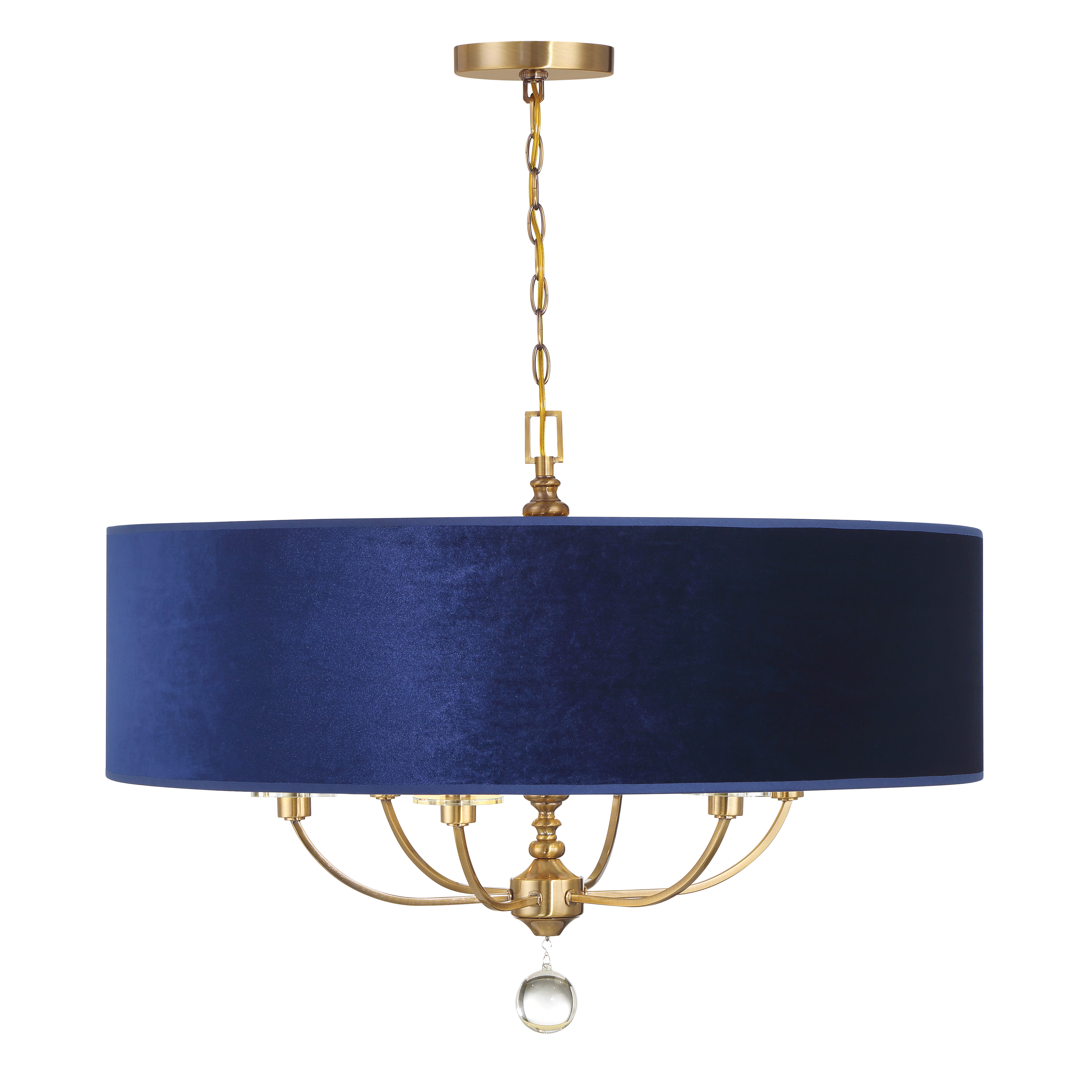 The Van Noord pendant combines traditional elegance with luxe materials—oxidized aged brass, sumptuous blue velvet, and decorative crystal accents. At 32 inches wide, it commands attention in dining rooms and foyers. - alternate view