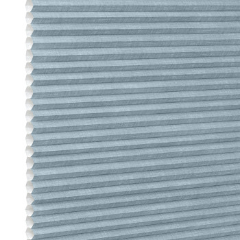 Light-blue cellular (honeycomb) shade, pleated horizontal cells with white interior along left edge; fully lowered and closed, blocking light; shown as product against a plain white background.