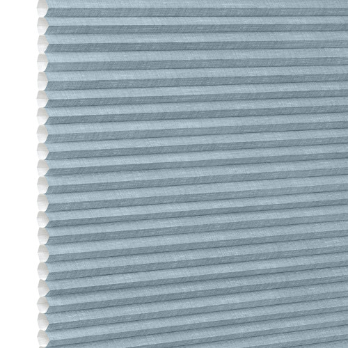 Light-blue cellular (honeycomb) shade, pleated horizontal cells with white interior along left edge; fully lowered and closed, blocking light; shown as product against a plain white background.