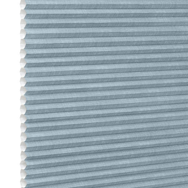Light-blue cellular (honeycomb) shade, pleated horizontal cells with white interior along left edge; fully lowered and closed, blocking light; shown as product against a plain white background.