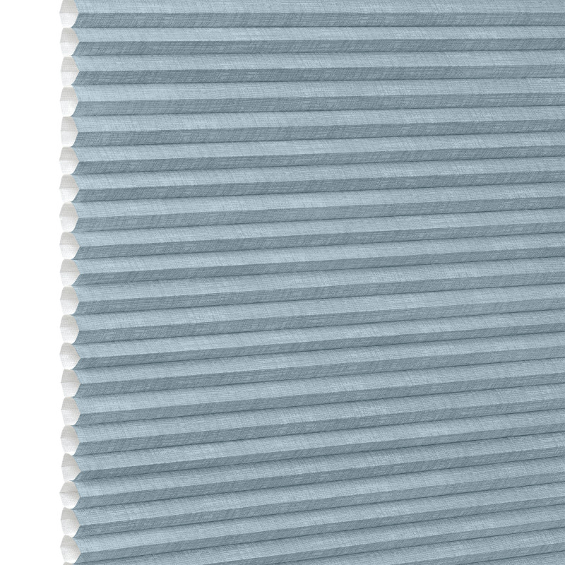 Light-blue cellular (honeycomb) shade, pleated horizontal cells with white interior along left edge; fully lowered and closed, blocking light; shown as product against a plain white background.