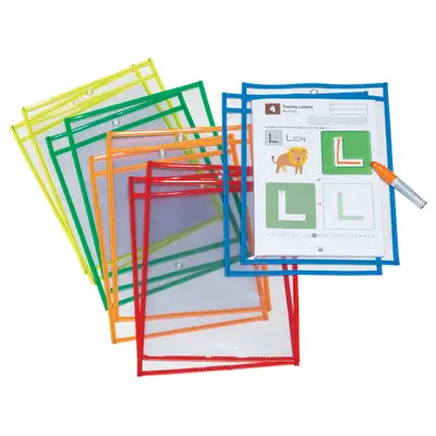 Pacon  Dry Erase Pockets, 5 Assorted Bright Colors,  10