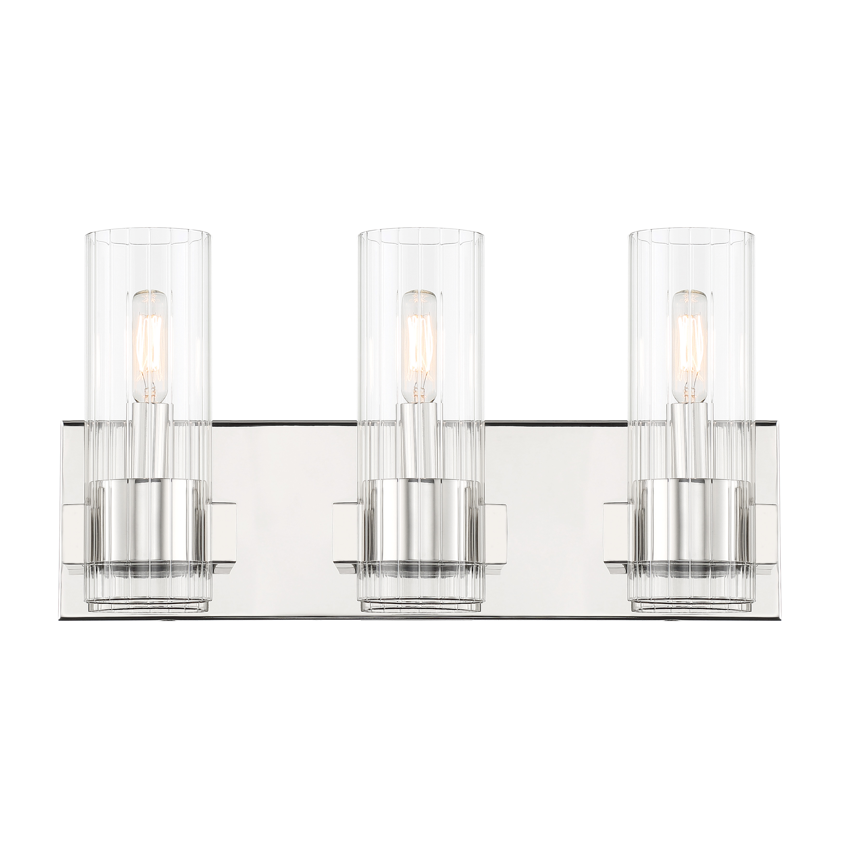 The Vernon Place 3-Light Bath Vanity combines timeless chrome finish with clear ribbed glass for sophisticated bathroom lighting. Its 18-inch width makes it ideal for standard vanities, while dimmable functionality offers versatile ambiance control. - alternate view