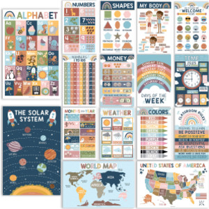 Boho Preschool Educational Laminated Posters For Toddlers, Set of 16