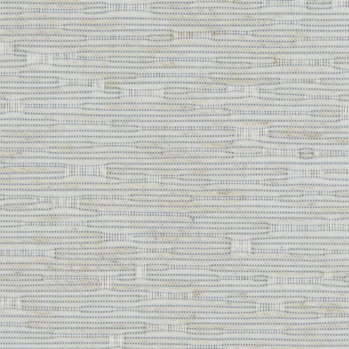 Handwoven pale beige fabric with thin blue horizontal stripes and elongated oval stitch motifs, creating a textured, interlaced pattern in a close-up, evenly lit view.