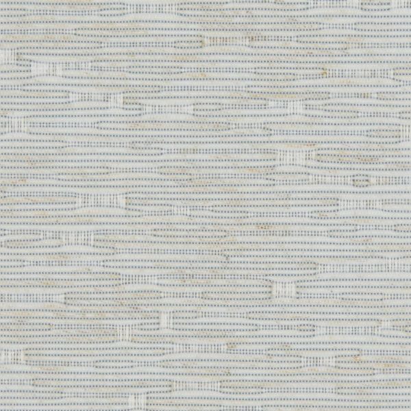 Handwoven pale beige fabric with thin blue horizontal stripes and elongated oval stitch motifs, creating a textured, interlaced pattern in a close-up, evenly lit view.