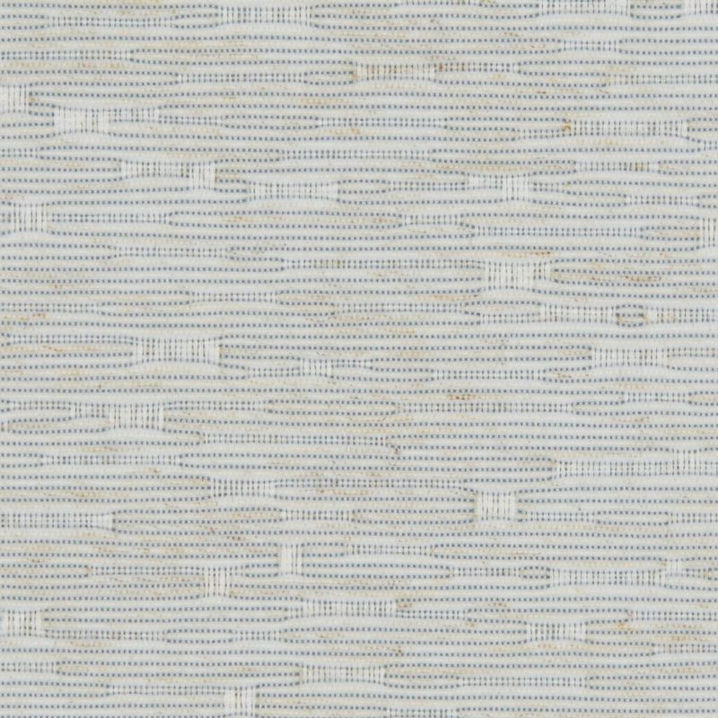 Handwoven pale beige fabric with thin blue horizontal stripes and elongated oval stitch motifs, creating a textured, interlaced pattern in a close-up, evenly lit view.