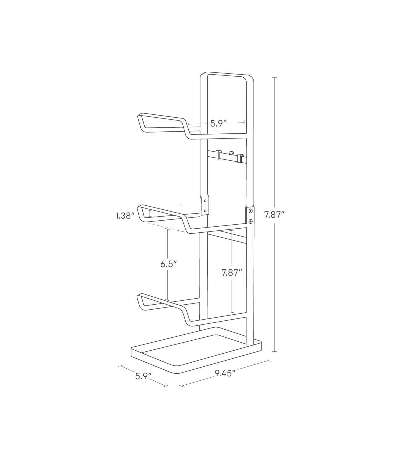 Dimension image for Fitness Equipment Storage Rack showing dimensions: total height 5.9", width 9.45", depth 5.9", seat width 6.5", step width 6.5", lower step height 1.38", upper step height 5.9", and handlebar height 7.87