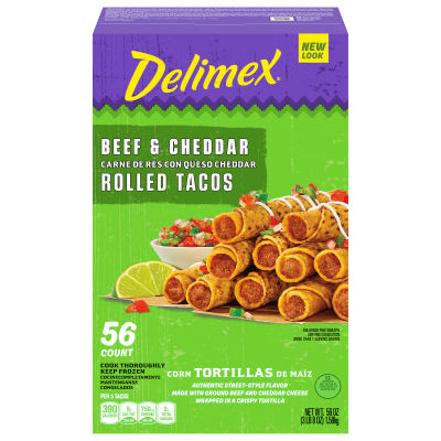 Delimex Beef & Cheddar Corn Rolled Tacos, 56 ct Box