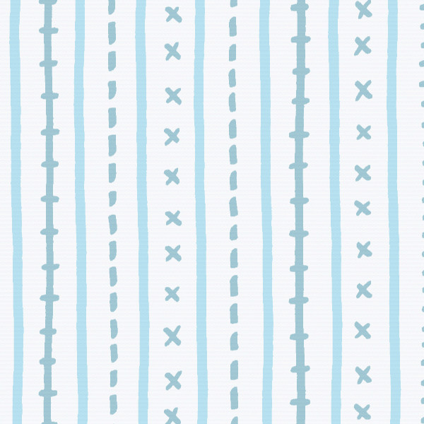 Vertical hand-drawn pale blue lines repeat across a white background; alternating lines show dashed strokes, short horizontal "stitch" marks, and rows of small "x" motifs, creating a soft striped pattern.