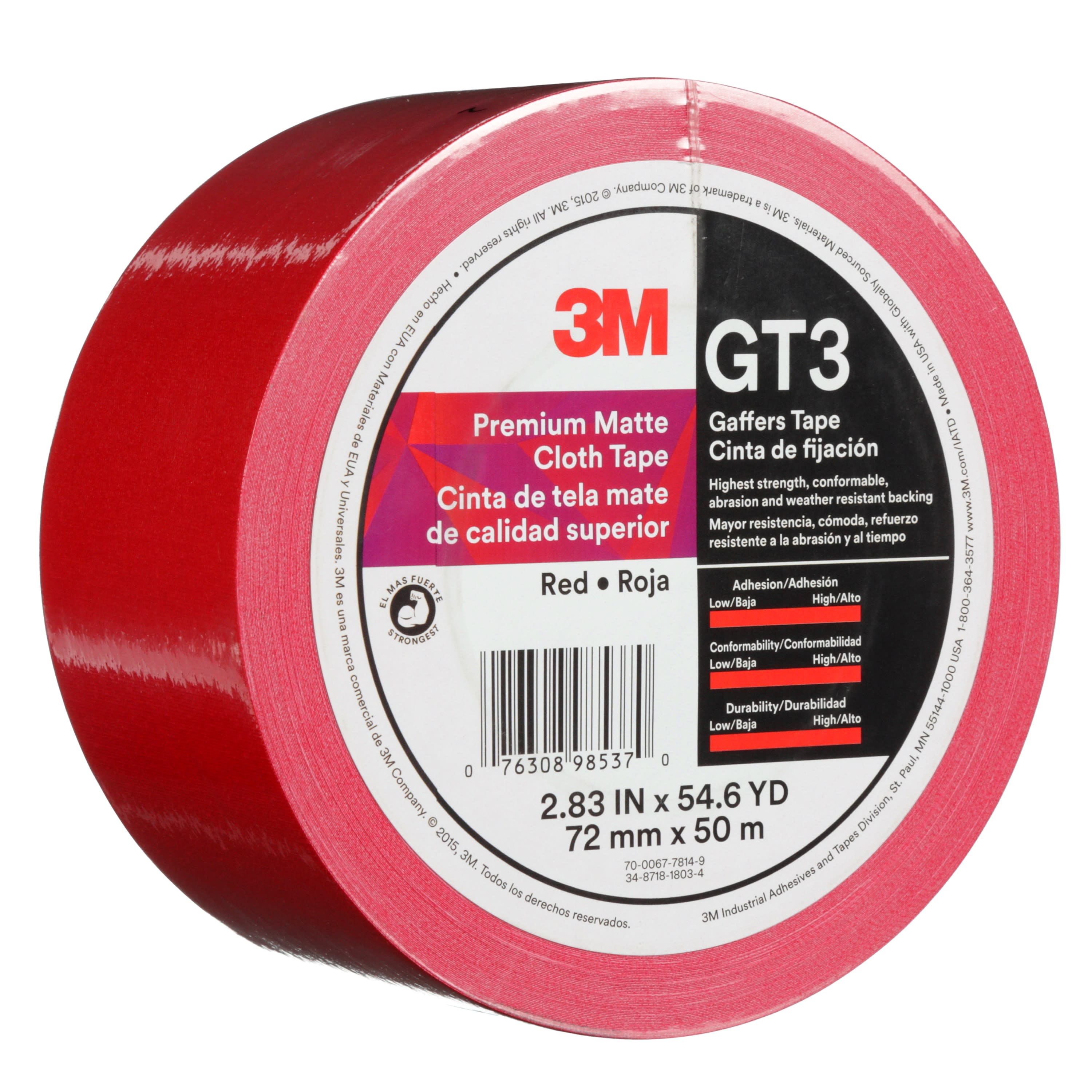 3M™ Premium Matte Cloth (Gaffers) Tape GT3, Red, 72 mm x 50 m, 11 mil,
16 per case
