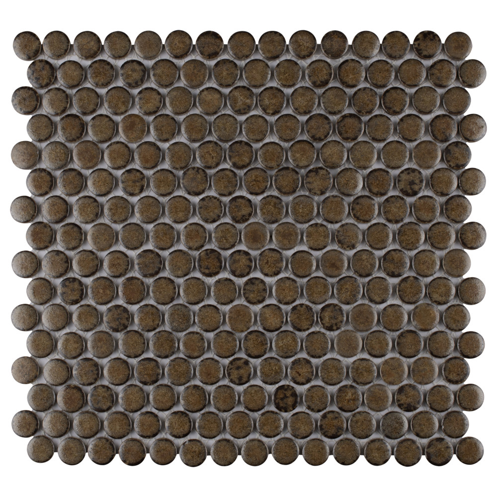 Hudson Penny Round Brownstone 11-7/8 in. x 12-5/8 in. Porcelain Mosaic Tile