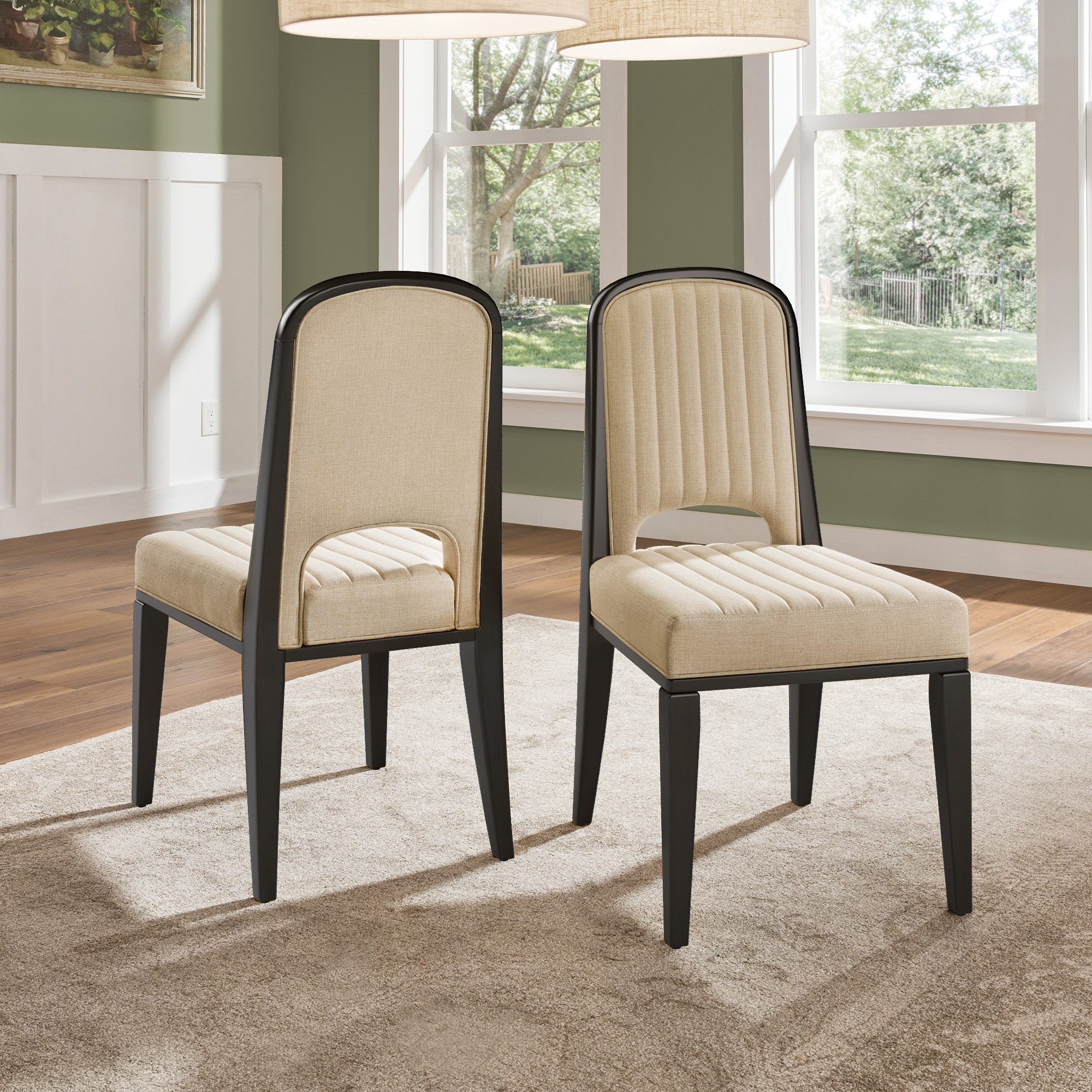 Wood Finish Cream Fabric Channel Stitching Dining Chair (Set of 2)