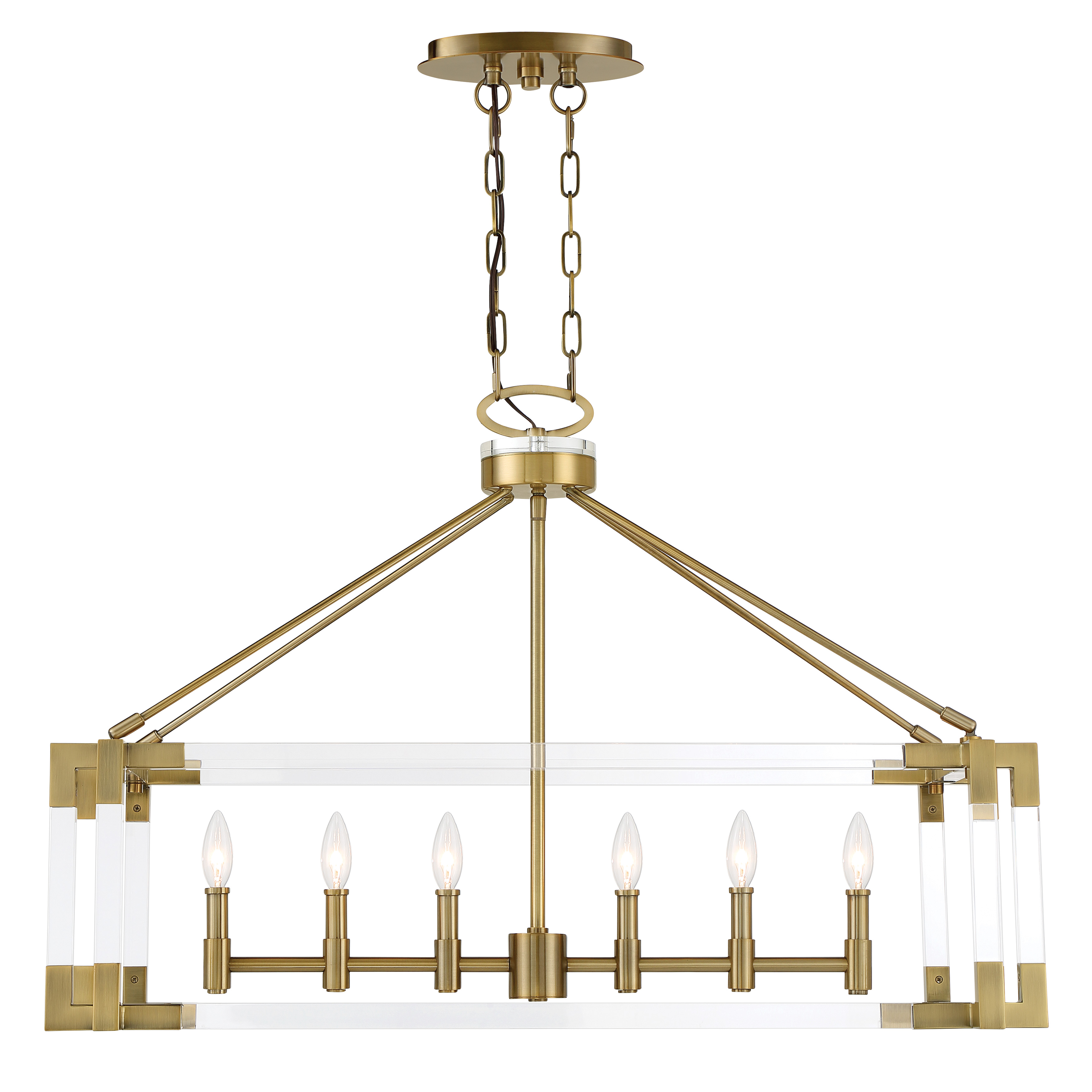 The Prima Vista brings sophisticated glamour to kitchen islands and dining spaces with its 6-light linear design. Aged antique brass finish pairs beautifully with acrylic shades and crystal accents, creating a luxe contemporary look that works across traditional and modern interiors. - alternate view