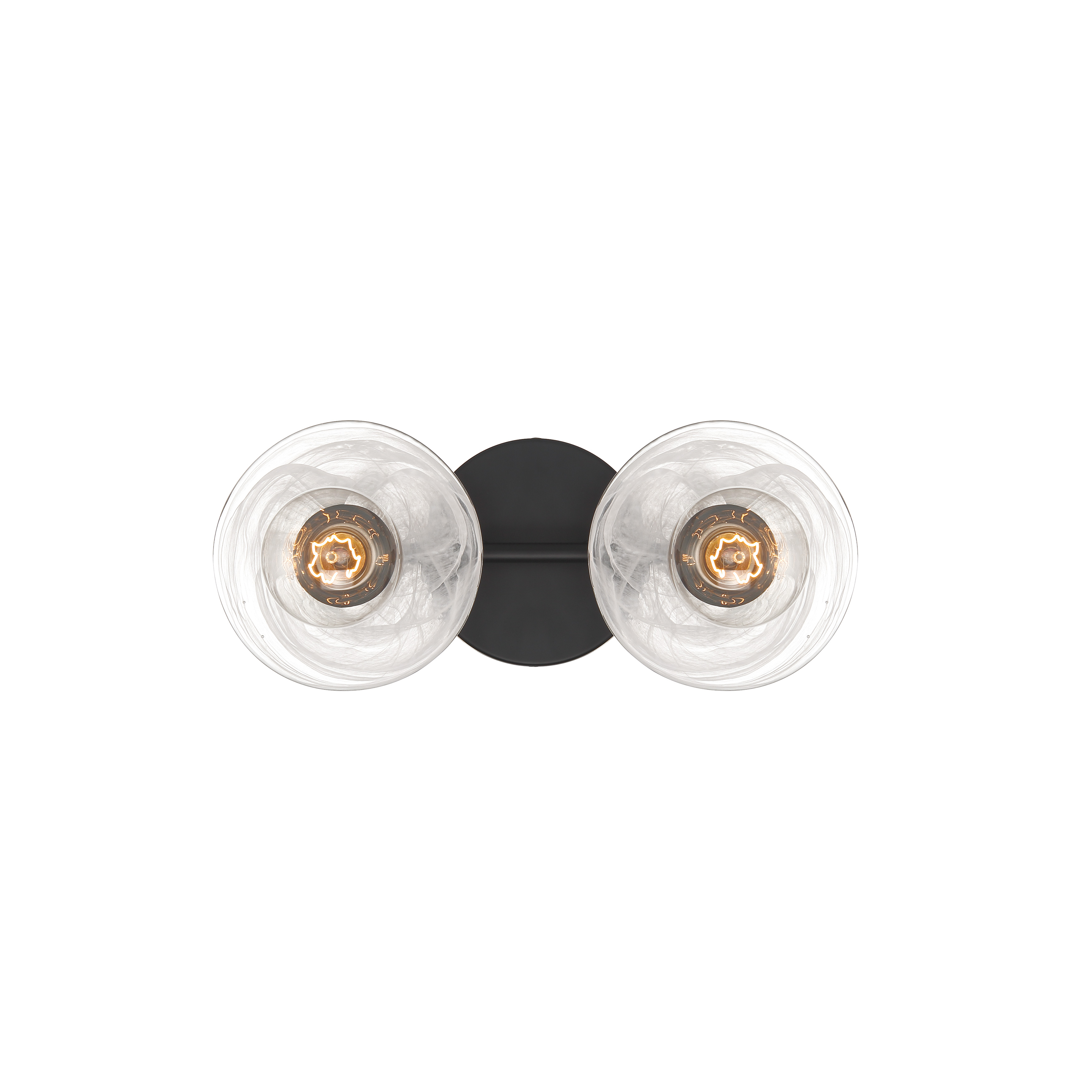 The Vapors 2-Light Bath fixture combines contemporary coal black steel with sophisticated marble swirl alabaster glass. Its compact 14.75-inch width makes it ideal for smaller vanities while delivering ample illumination. - alternate view