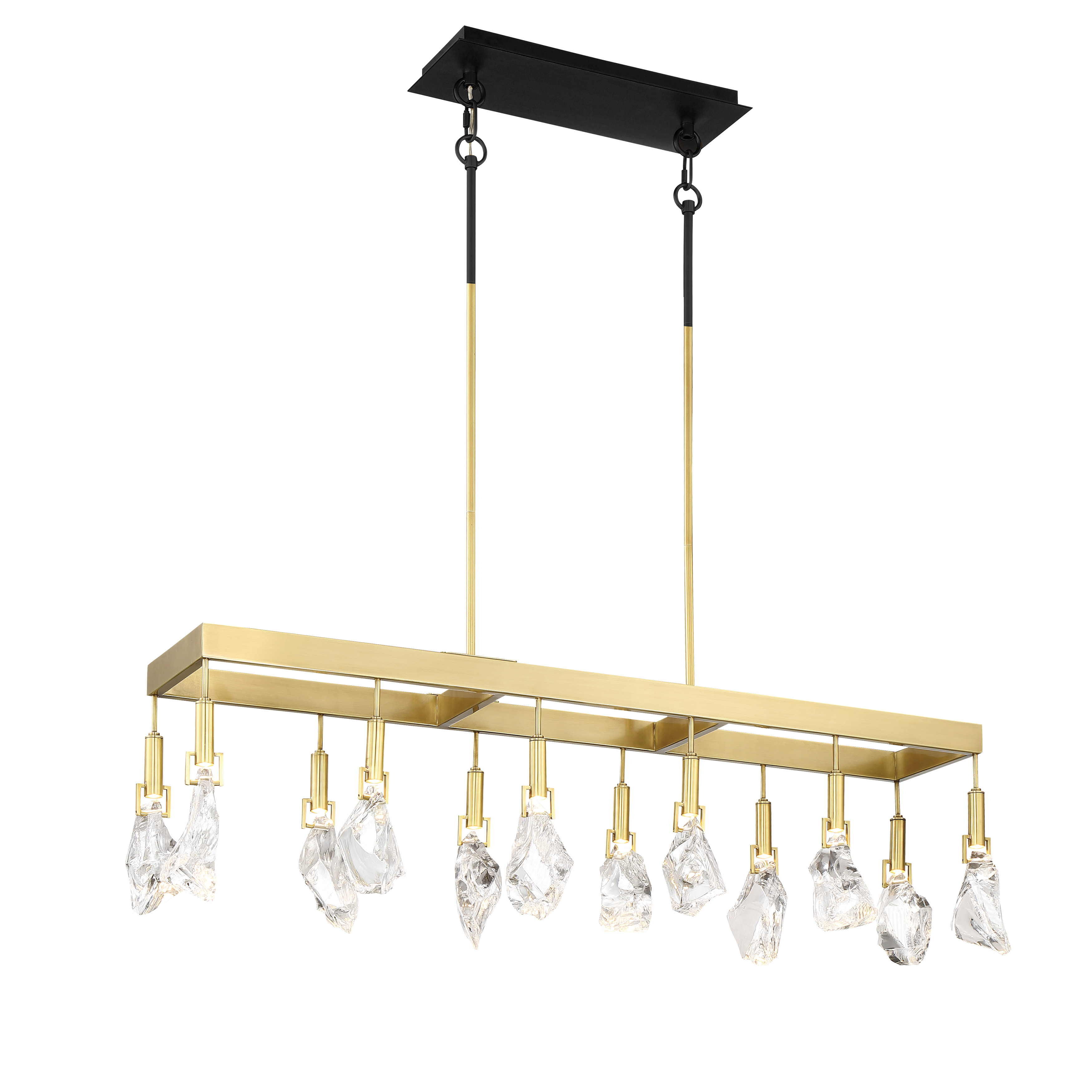 The Rare Elements 12-Light Island Chandelier combines industrial-chic mixed metals with sparkling LED-lit crystals for a sophisticated transitional look. Its 44-inch linear design makes it perfect for kitchen islands and dining tables. - alternate view