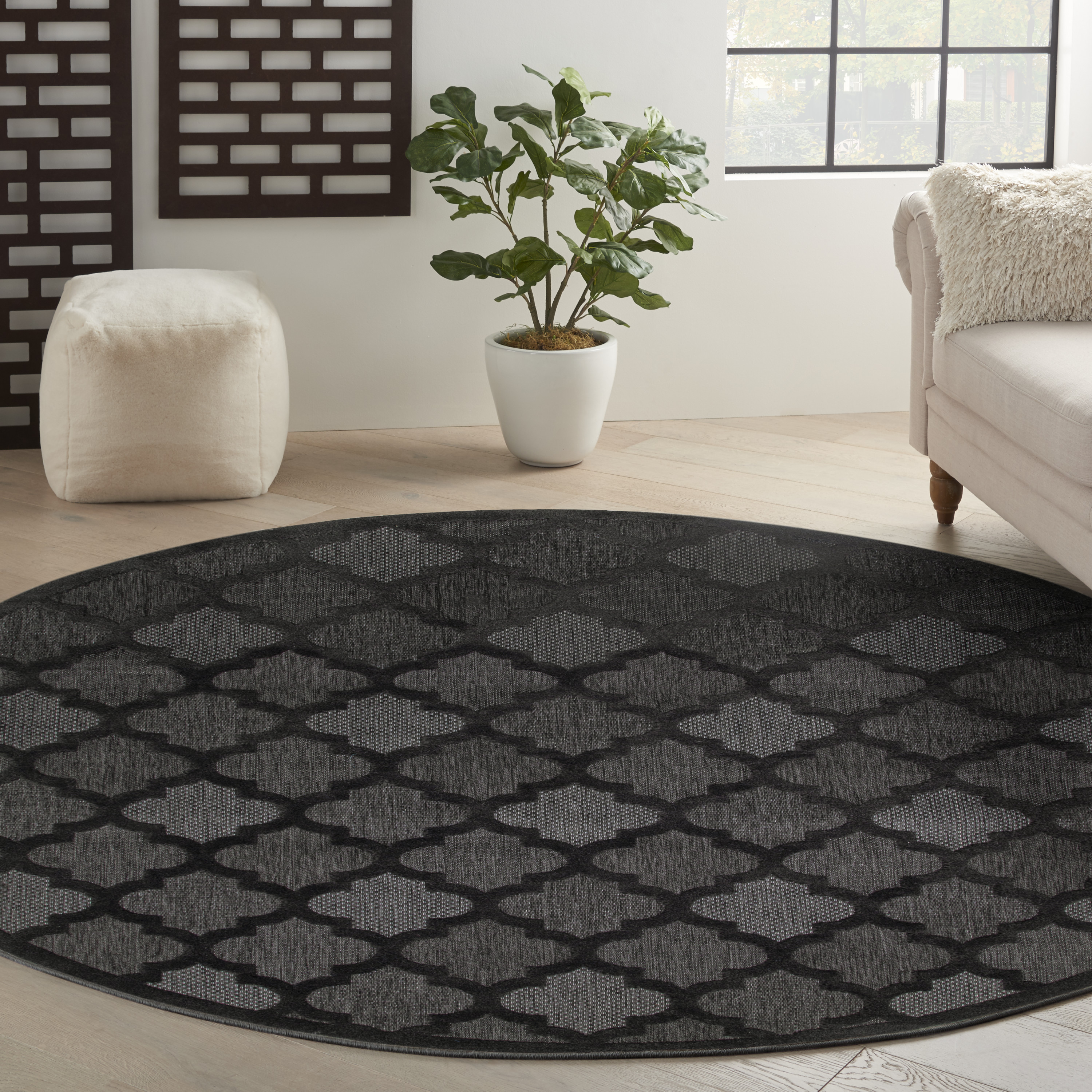Nourison Easy Care 8' x Round Charcoal Black Modern Rug