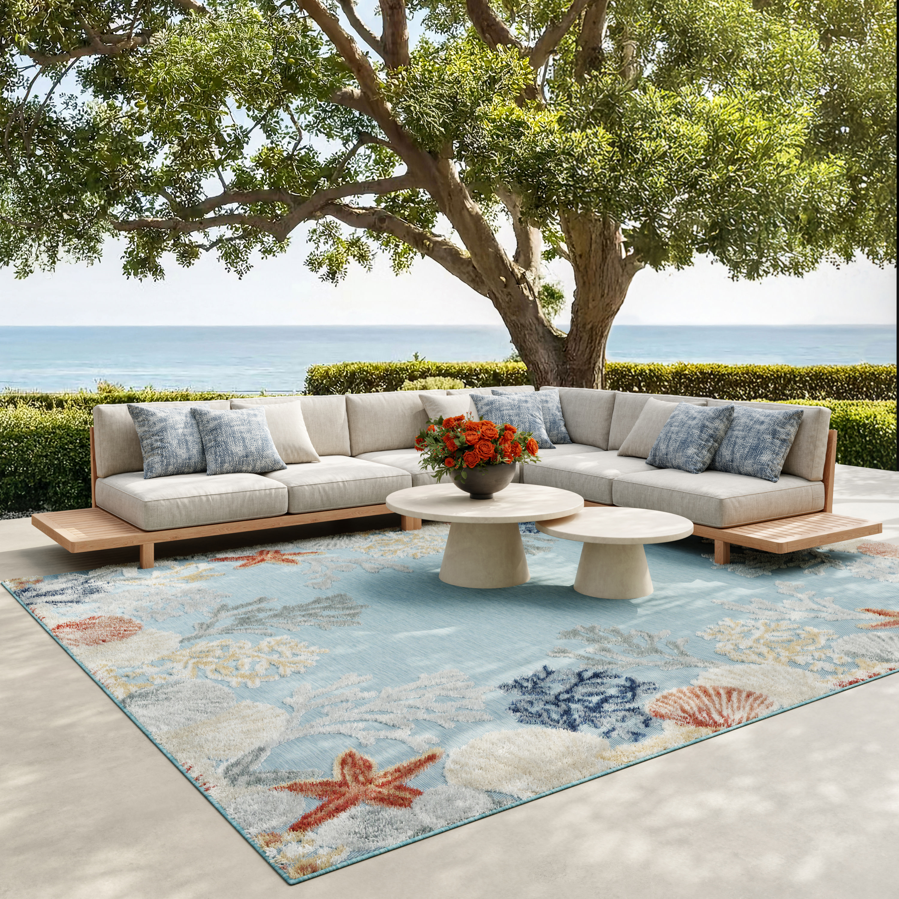 Nourison Suncoast 7'10" x 9'10" Teal Multicolor Coastal, Nautical & Beach Rug