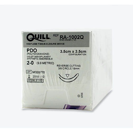 Quill™ PDO  Violet Monofilament Sutures, 2-0, 18mm 3/8 Circle, Reverse Cutting, 3.5cm x 3.5cm Barb Configuration -12/Box