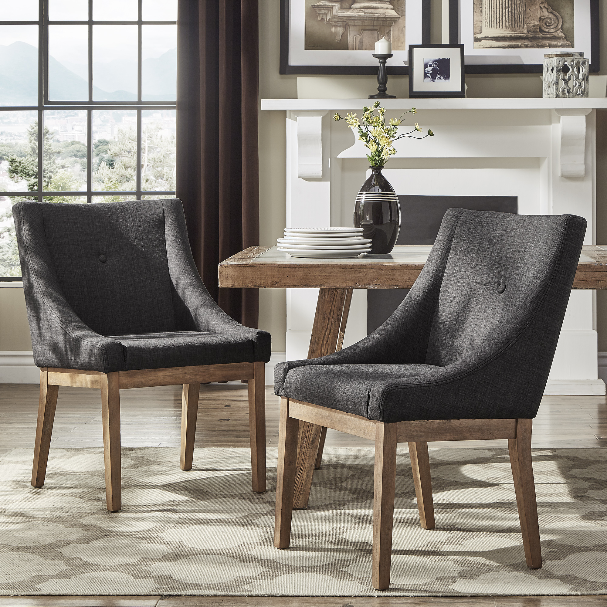 Button Tufted Slope Arm Linen Dining Chairs (Set of 2)