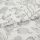 White cotton fabric with fine gray botanical sketch print, folded along the center; close-up tabletop view under soft studio lighting, emphasizing floral linework and texture.
