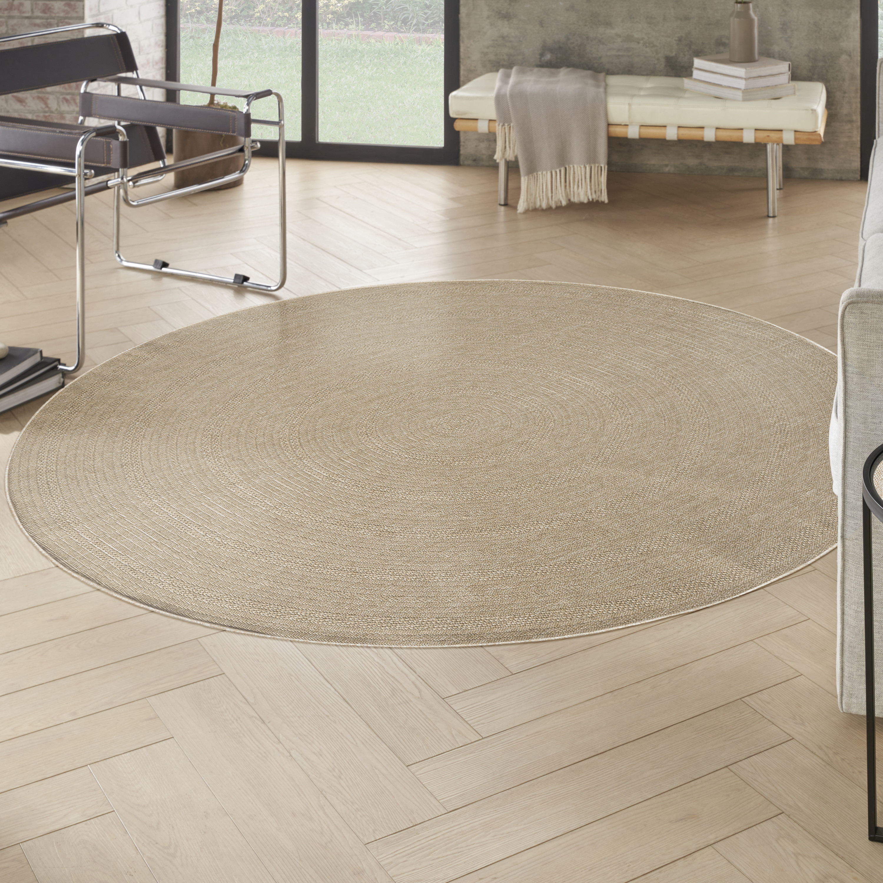 Nourison Tulum 8' x Round Taupe Ivory Outdoor Rug